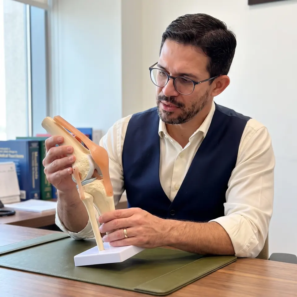 Hands on a knee model during a consultation