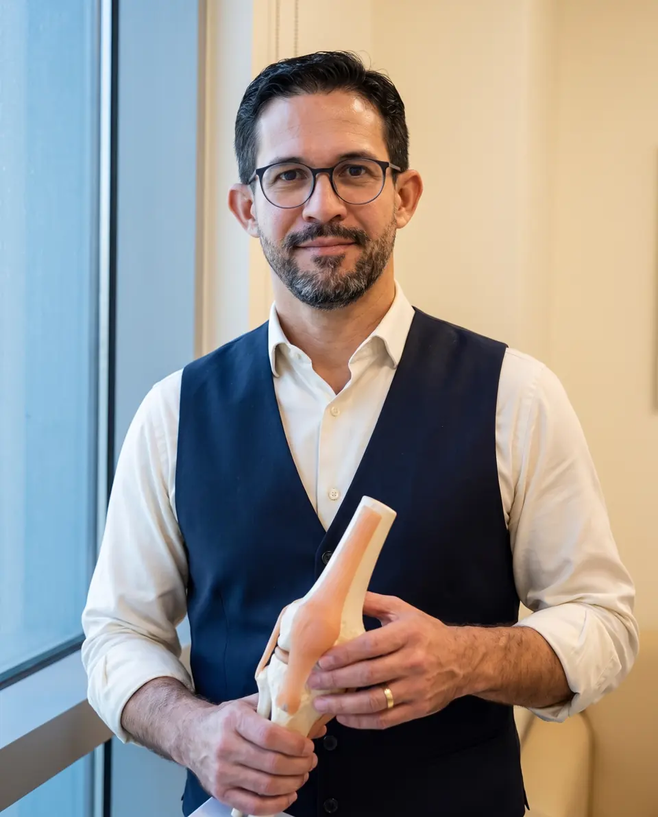 Dr. Ronald Barreto holding a knee model
